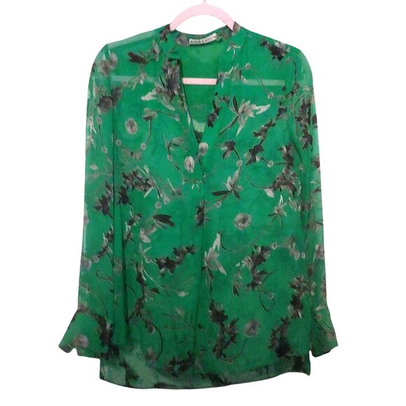 Alice & Olivia Burnout Velvet L-Sleeve Kelly Green/Grey Whimsy Sheer Blouse XS - Picture 1 of 13